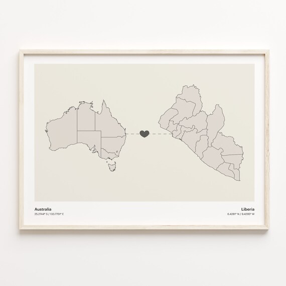 Australia To Liberia Minimalist Map Heart Connection Gift Poster