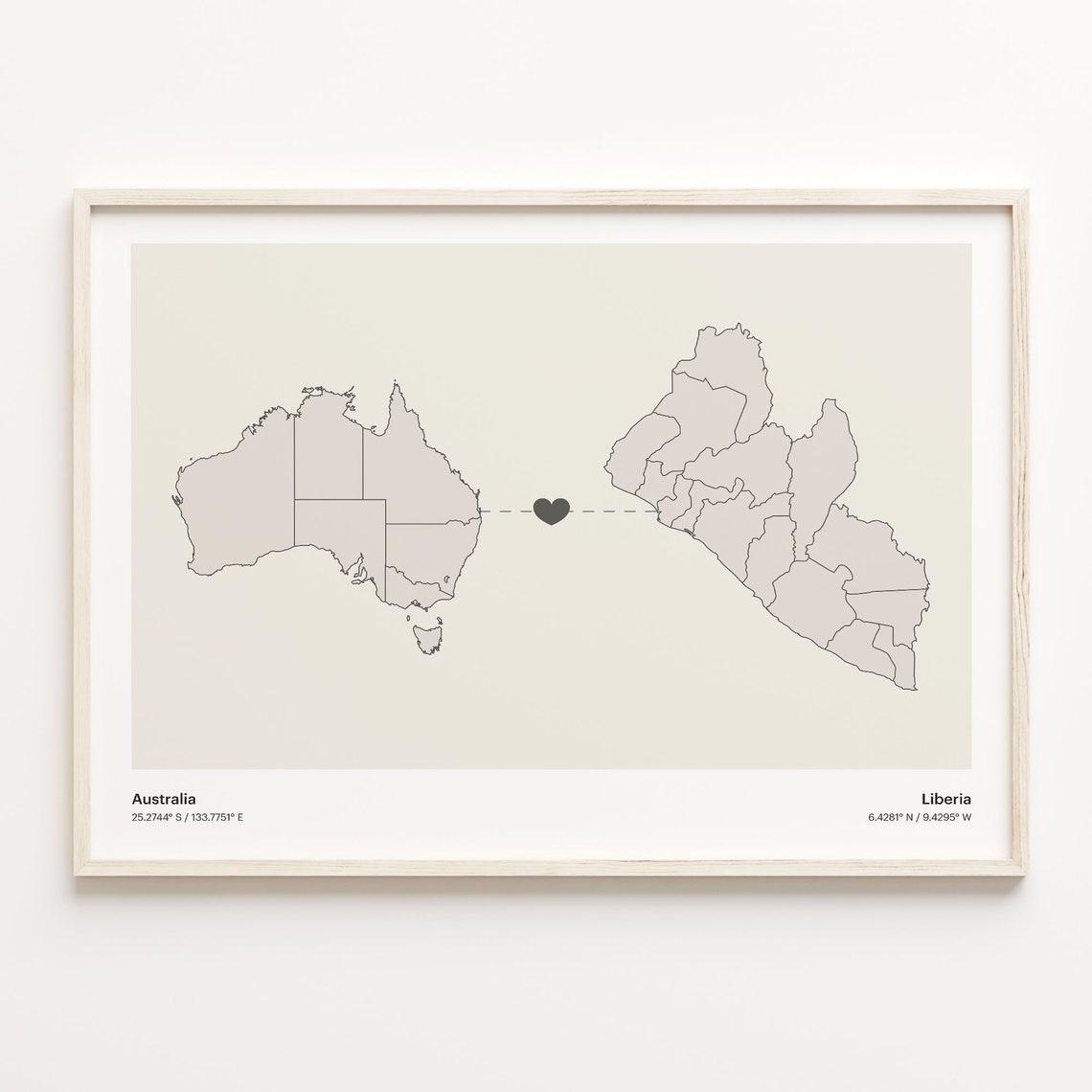 Australia To Liberia Minimalist Map Heart Connection Gift Poster