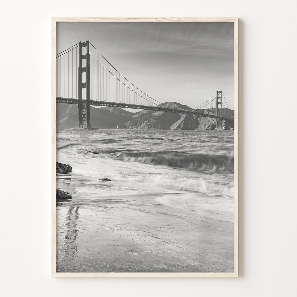 San Francisco Golden Gate Bridge Black White Beach Waves Poster