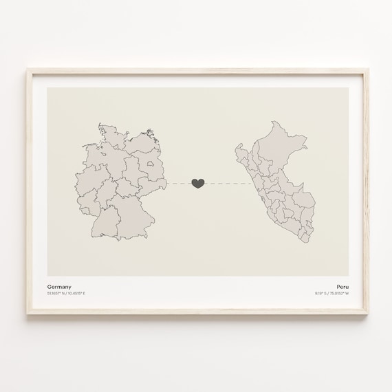 Germany To Peru Heart Connection Minimalist Beige Map Poster