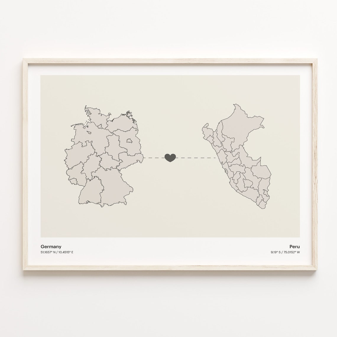 Germany To Peru Heart Connection Minimalist Beige Map Poster