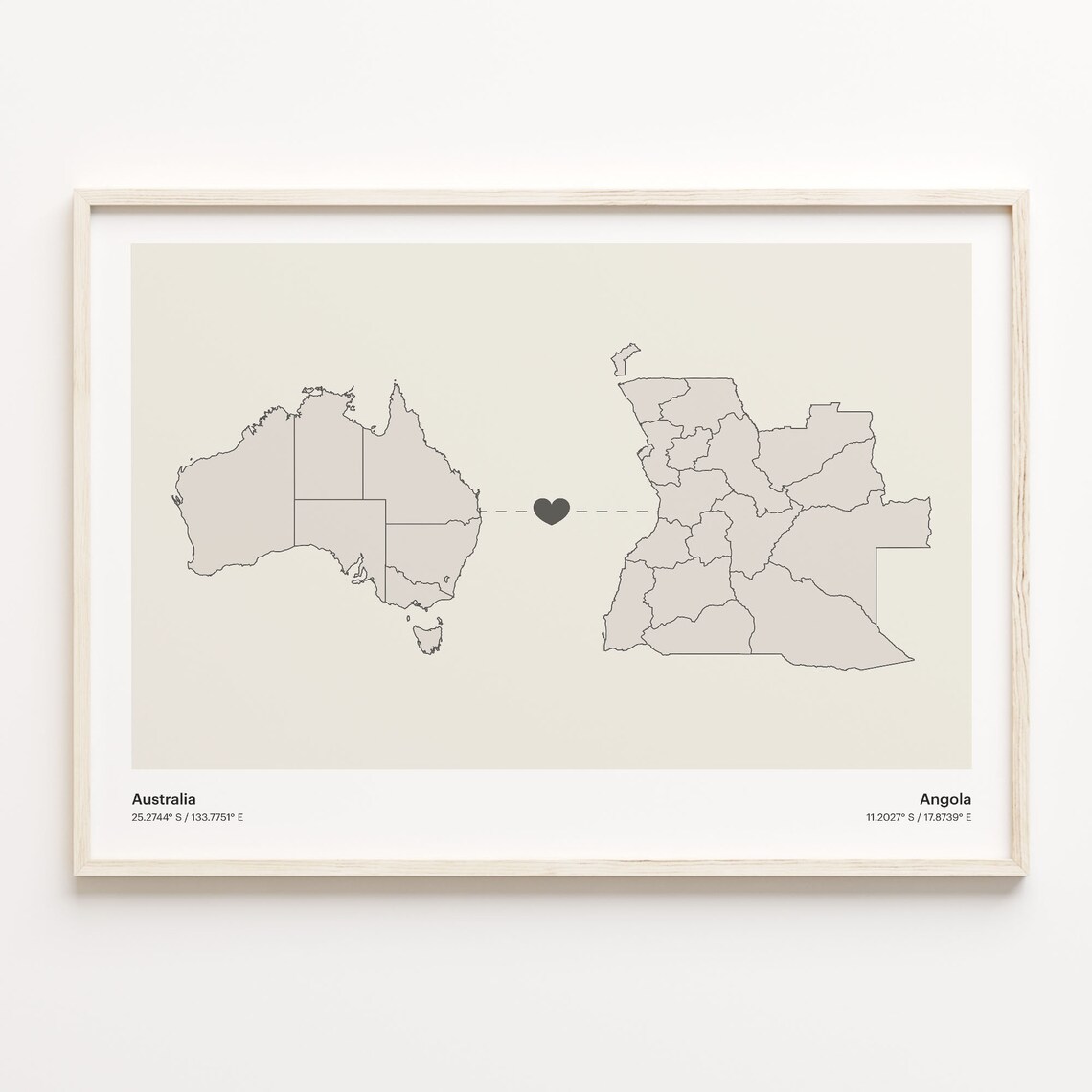 Australia and Angola Minimalist Long Distance Heart Map Connection Poster