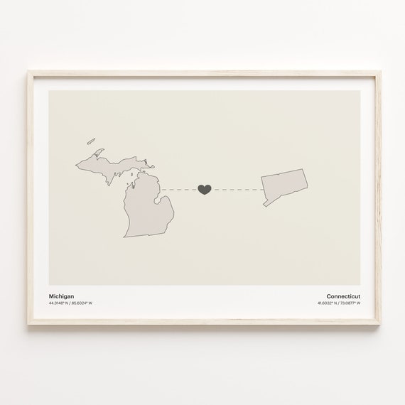 Michigan To Connecticut Print Connecticuter Gift Minimalistic State Connection Map Poster Travel Wall Art Cultural Roots C211669