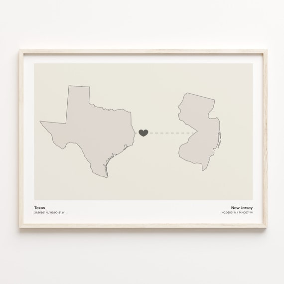 Texas To New Jersey Print Jerseyan Gift Minimalistic State Connection Map Poster Travel Wall Art Welcome Home C211278