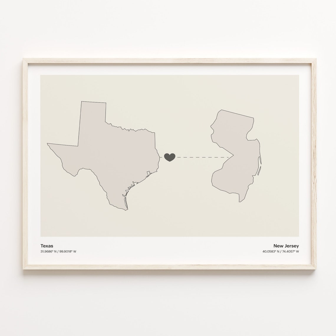 Texas to New Jersey Minimalist Heart Map Art Connection Poster