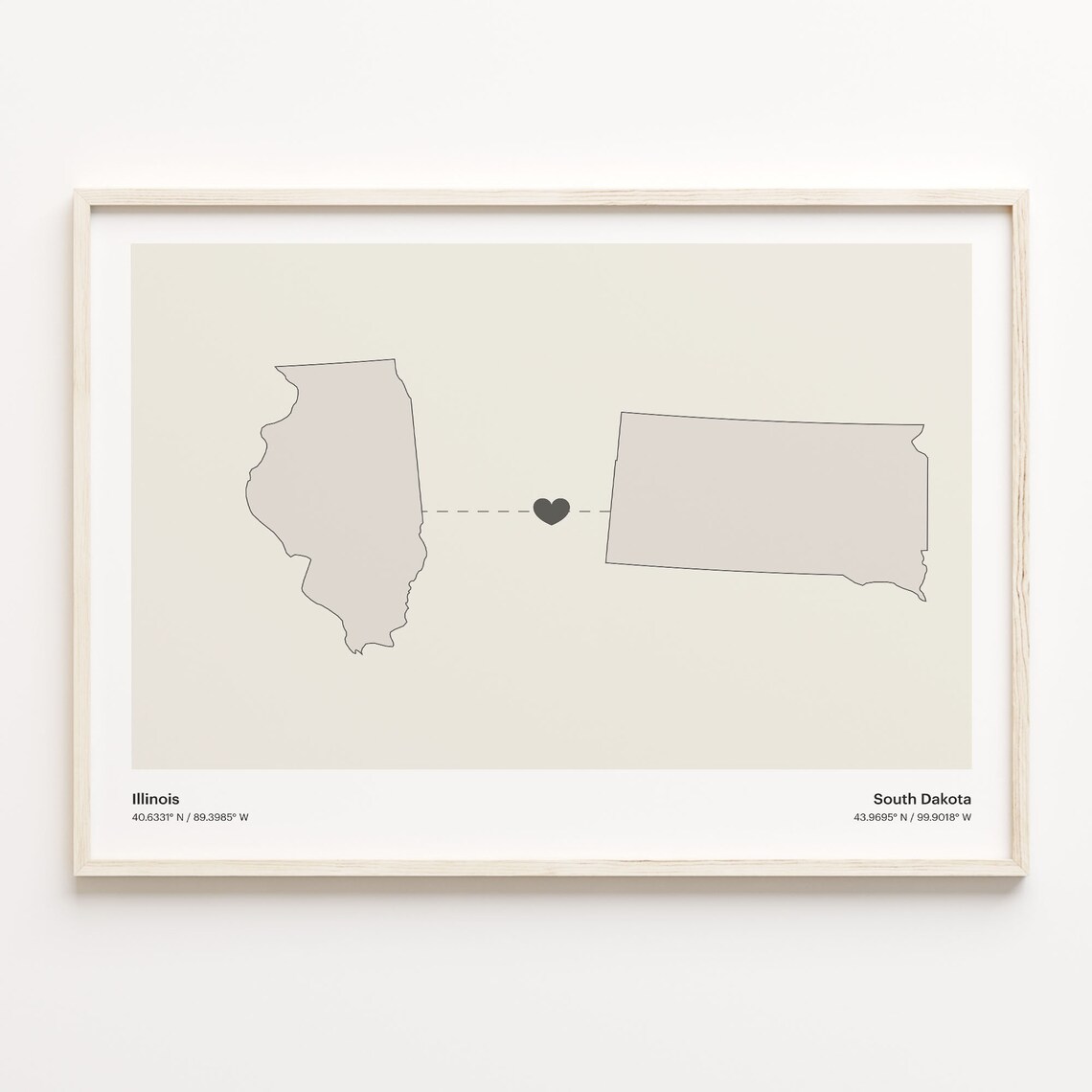 Illinois To South Dakota Heart Connection Minimalist Beige Map Poster