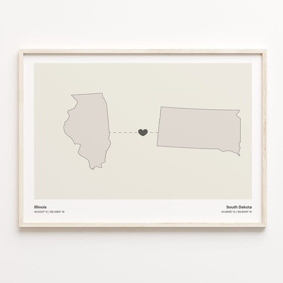 Illinois To South Dakota Heart Connection Minimalist Beige Map Poster