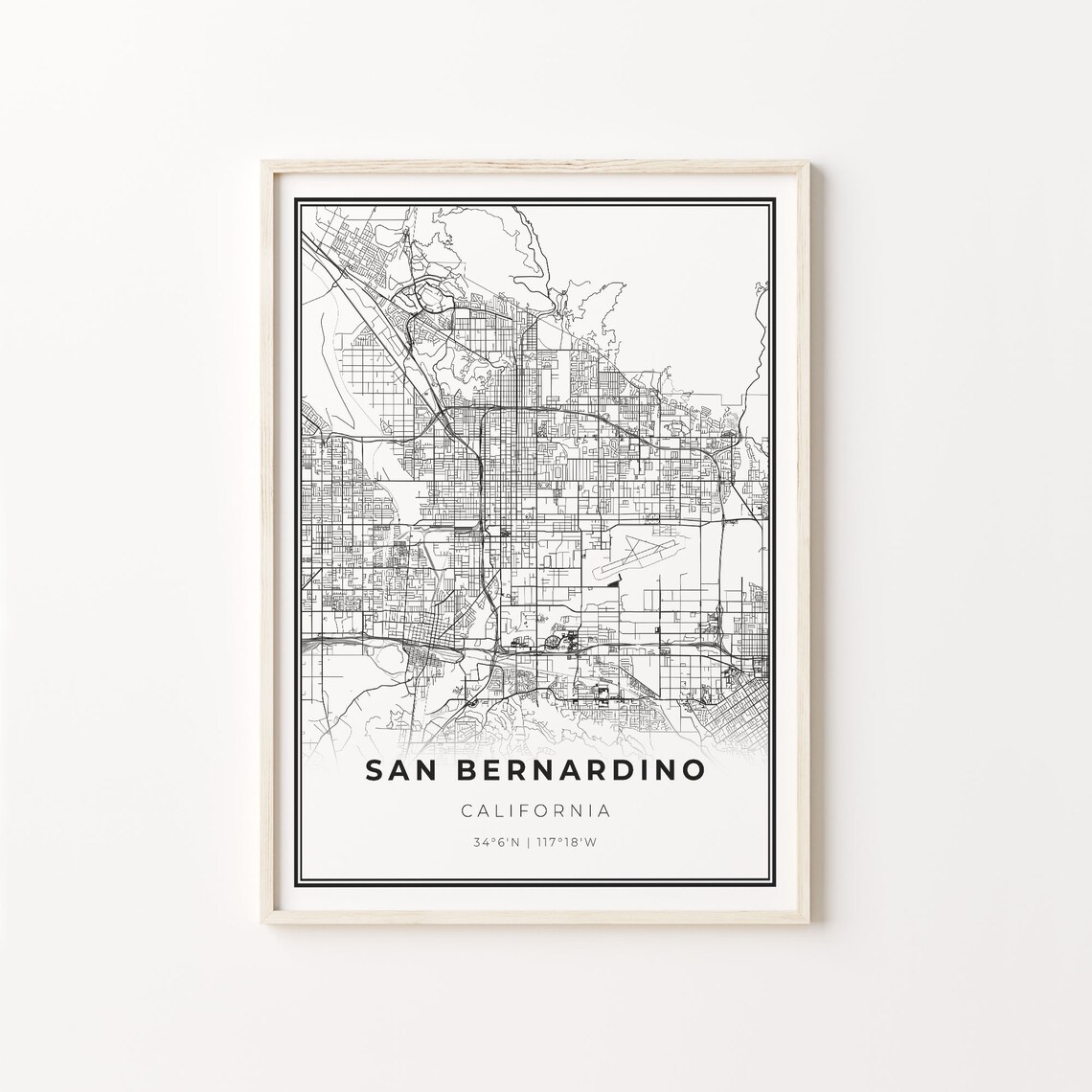 San Bernardino California Minimalist City Street Map Travel Decor Poster