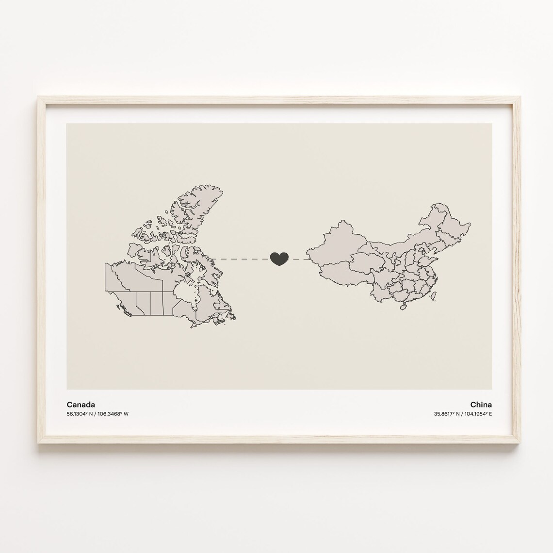 Canada To China Long Distance Love Minimalist Map Art Poster