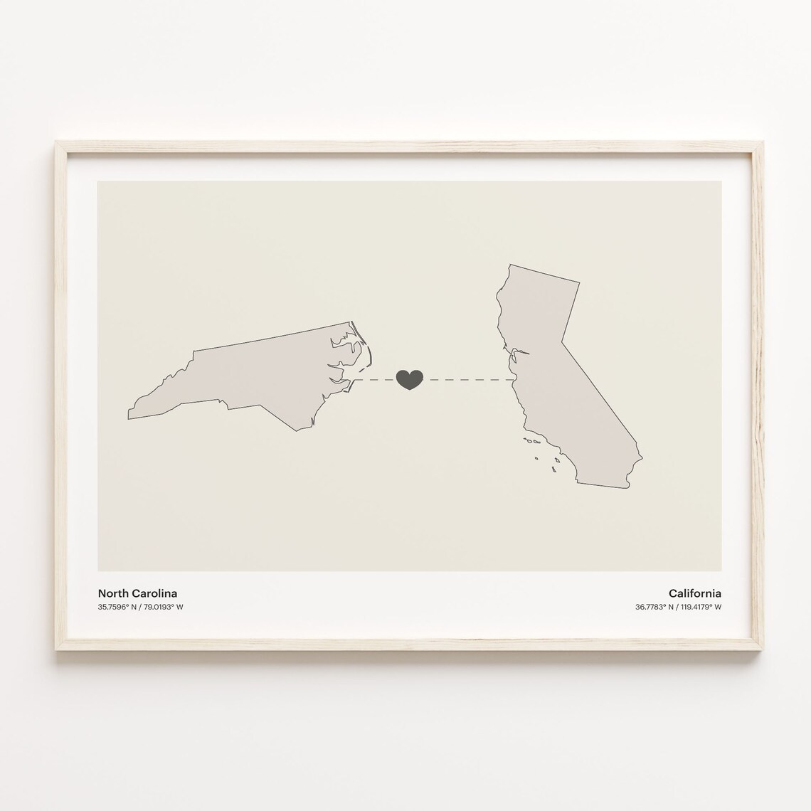 North Carolina To California Minimalist Heart Map Connection Print