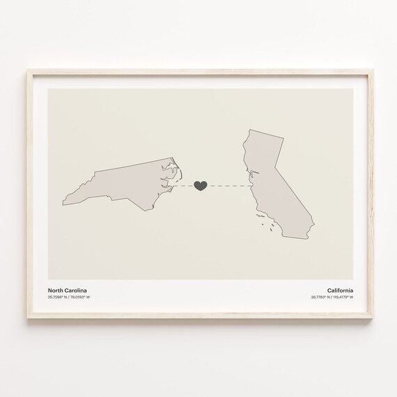 North Carolina To California Minimalist Heart Map Connection Print
