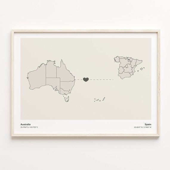 Australia and Spain Long Distance Love Country Connection Map Poster