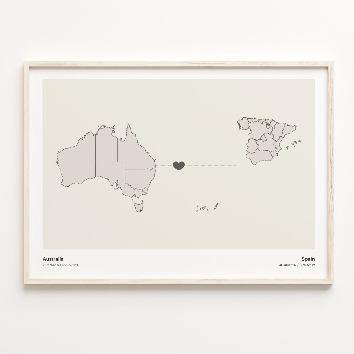 Australia and Spain Long Distance Love Country Connection Map Poster