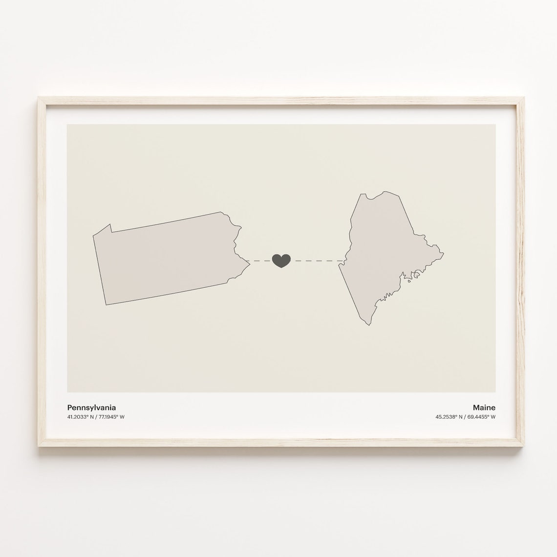 Pennsylvania to Maine Minimalist Heart Map Connection Poster