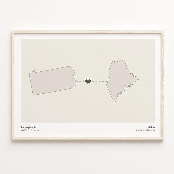 Pennsylvania to Maine Minimalist Heart Map Connection Poster