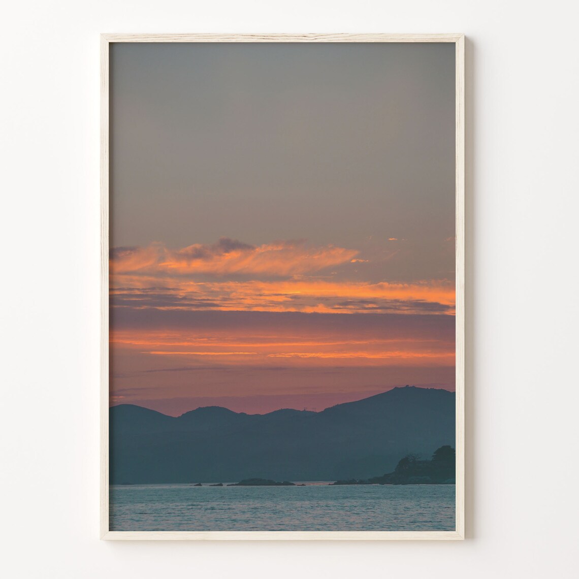 Ocean Sunset Orange Clouds Mountain Silhouette Photography Poster