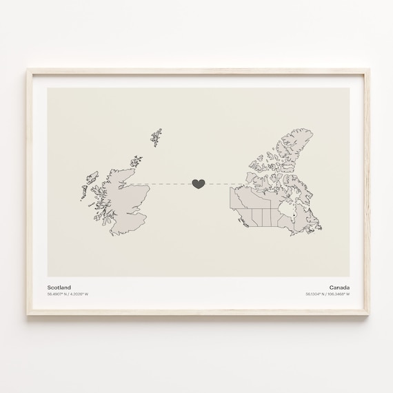 Scotland To Canada Minimalist Heart Map Love Connection Print