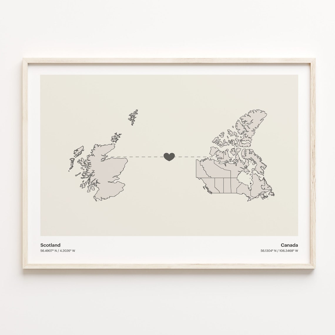 Scotland To Canada Minimalist Heart Map Love Connection Print