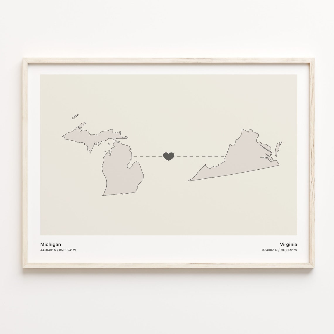 Michigan To Virginia Minimalist Heart State Map Connection Print