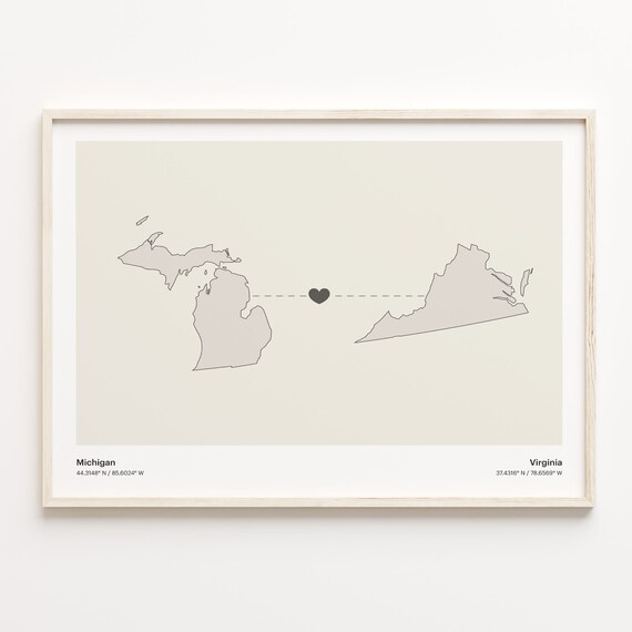 Michigan To Virginia Minimalist Heart State Map Connection Print