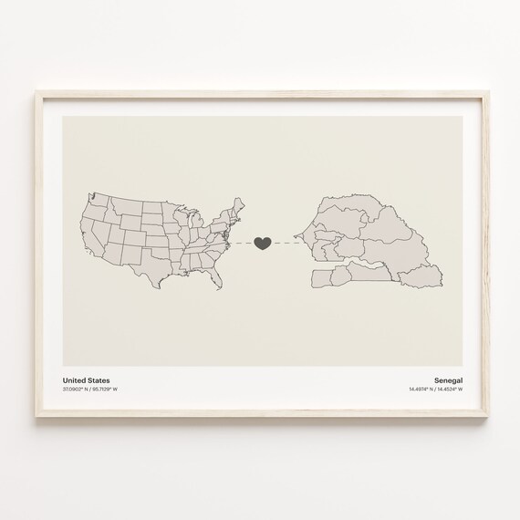 United States To Senegal Long Distance Heart Map Minimalist Poster