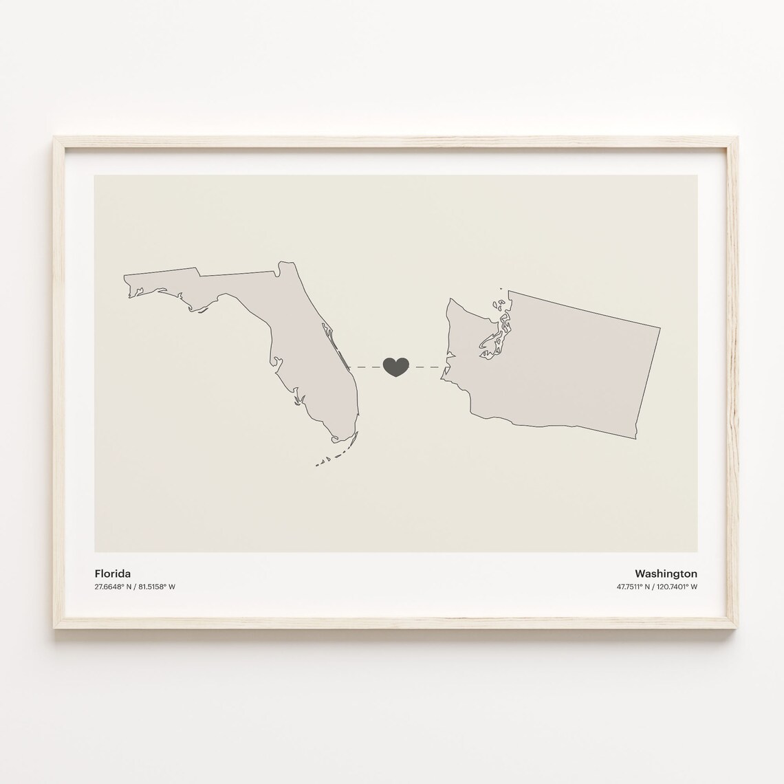 Florida Washington Long Distance Love Connection Heart Map Poster