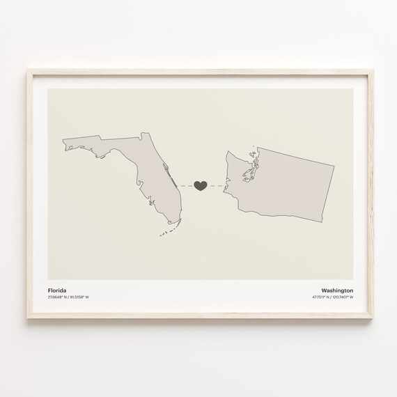 Florida Washington Long Distance Love Connection Heart Map Poster