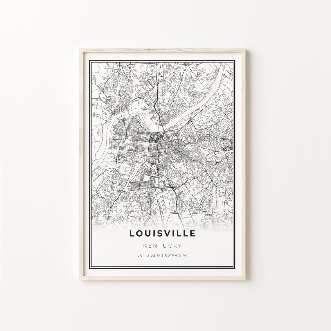 Louisville City Map Art Print, Modern Black and White