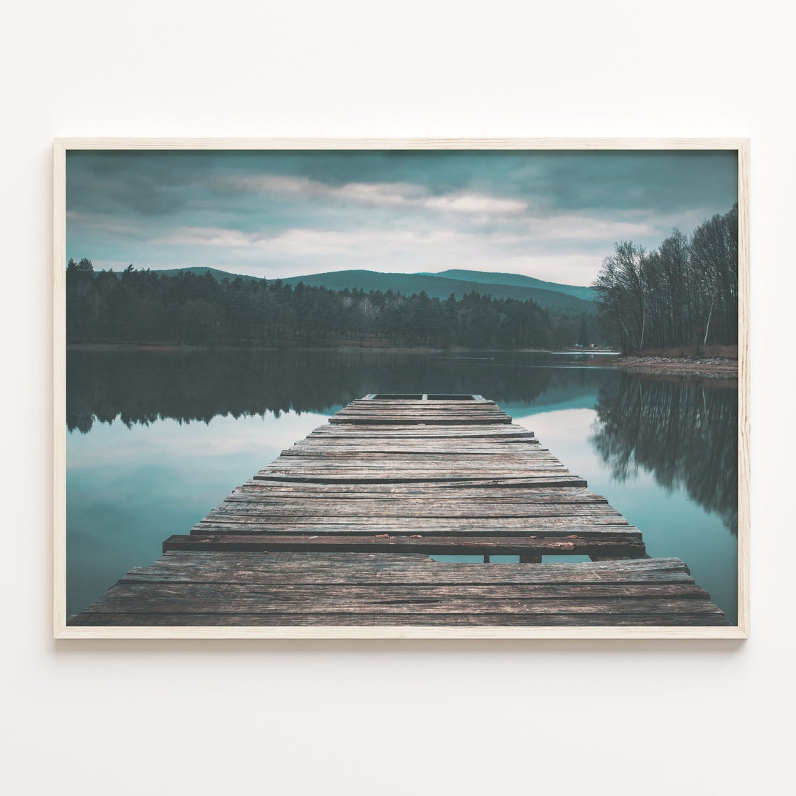 Weathered Wooden Dock Extending Into Still Forest Lake Photo Poster