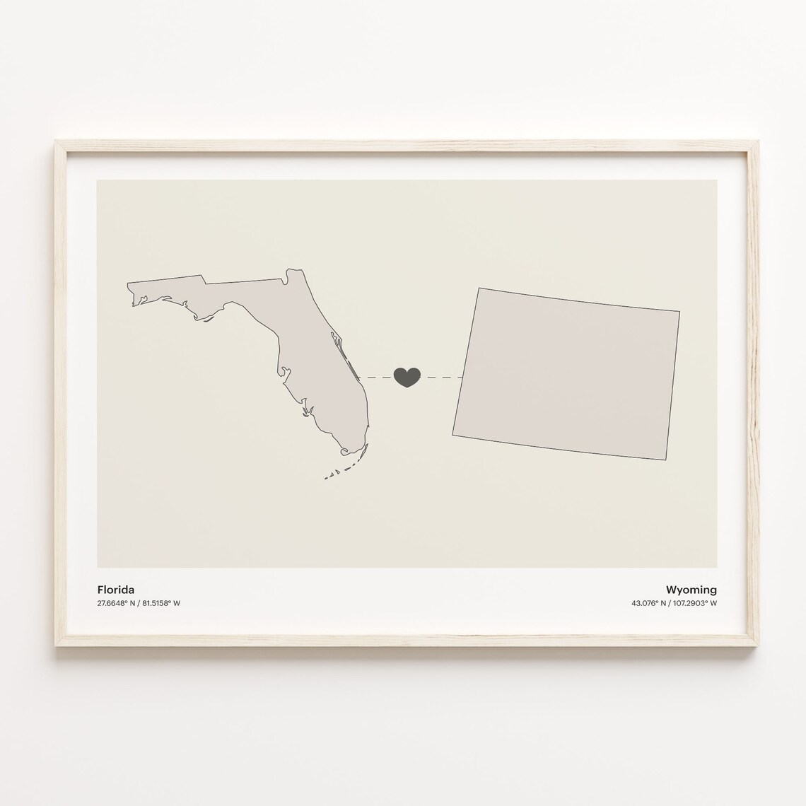 Florida to Wyoming Long Distance Love Heart Connection Map Poster