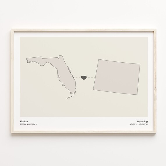 Florida to Wyoming Long Distance Love Heart Connection Map Poster