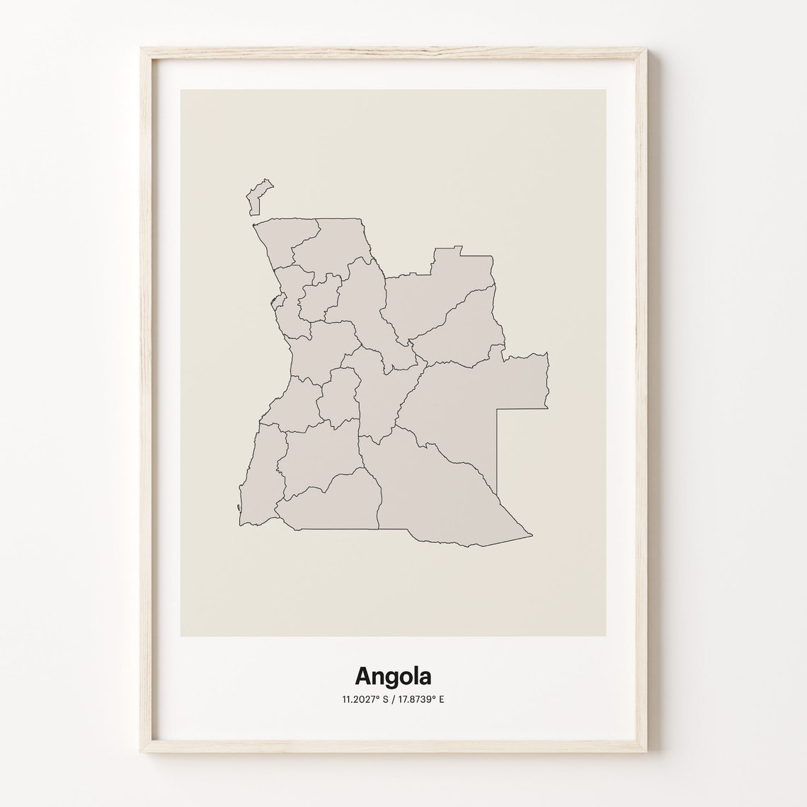 Angola Beige Minimalist Line Art Country Map Coordinates Poster