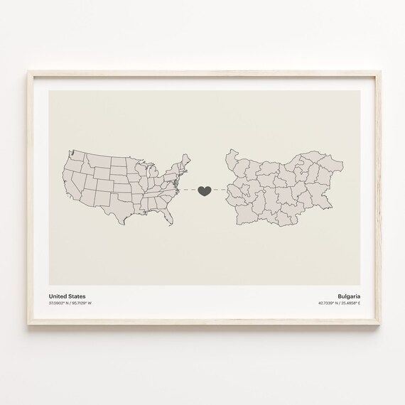 United States to Bulgaria Long Distance Heart Connection Map Poster
