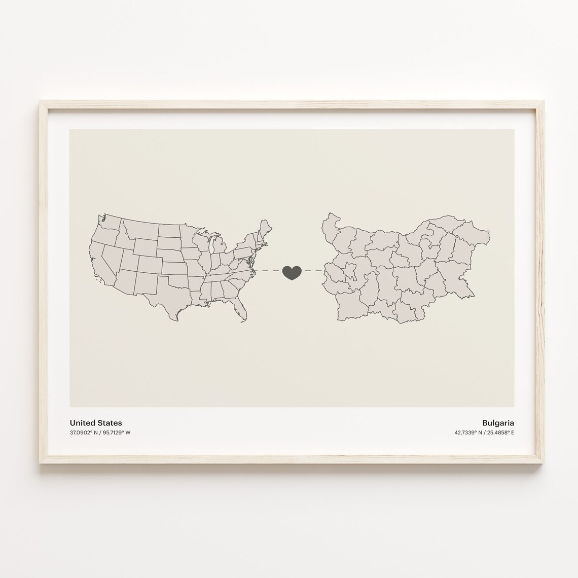 United States to Bulgaria Long Distance Heart Connection Map Poster