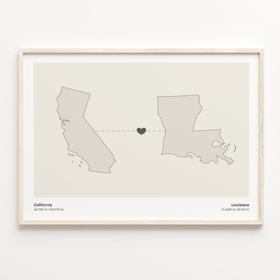 California To Louisiana Heart Connection Minimalist Beige Map Poster