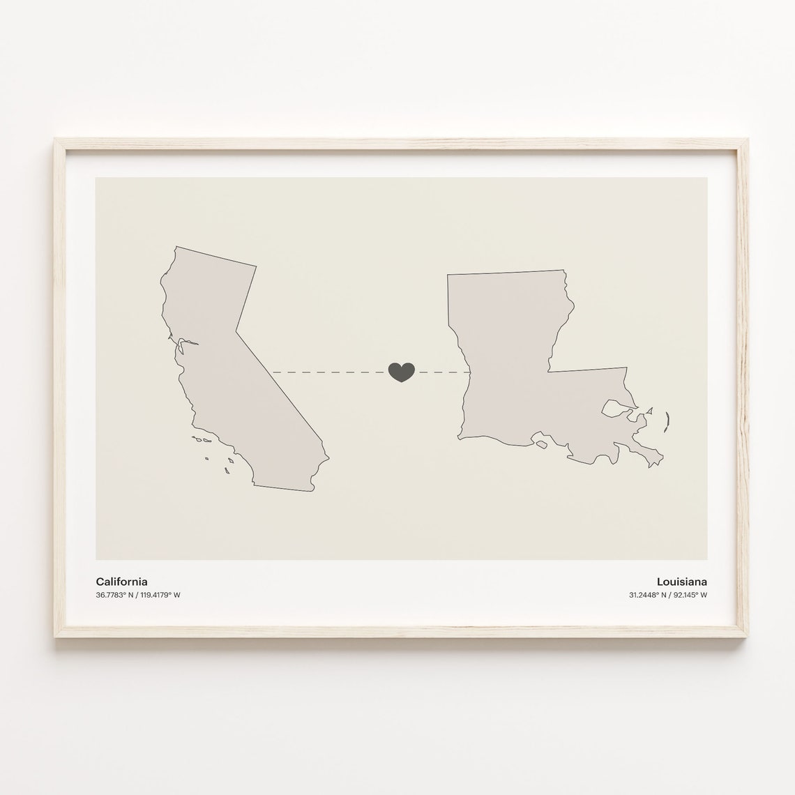 California To Louisiana Heart Connection Minimalist Beige Map Poster