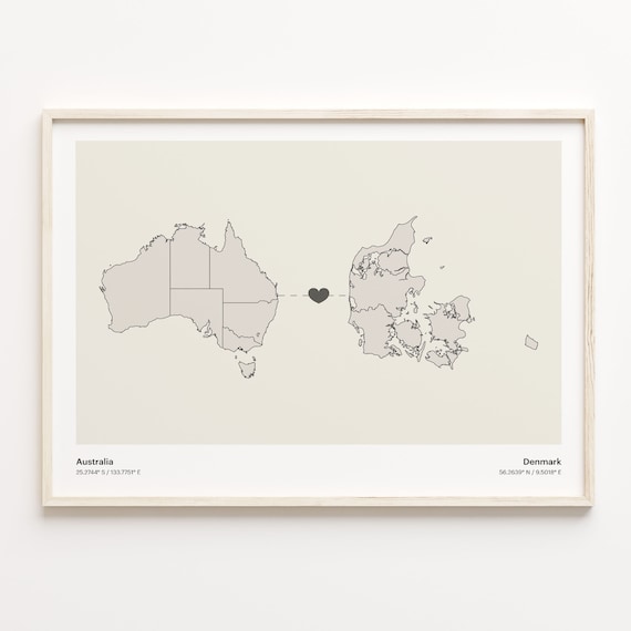 Australia To Denmark Long Distance Heart Map Couple Gift Poster