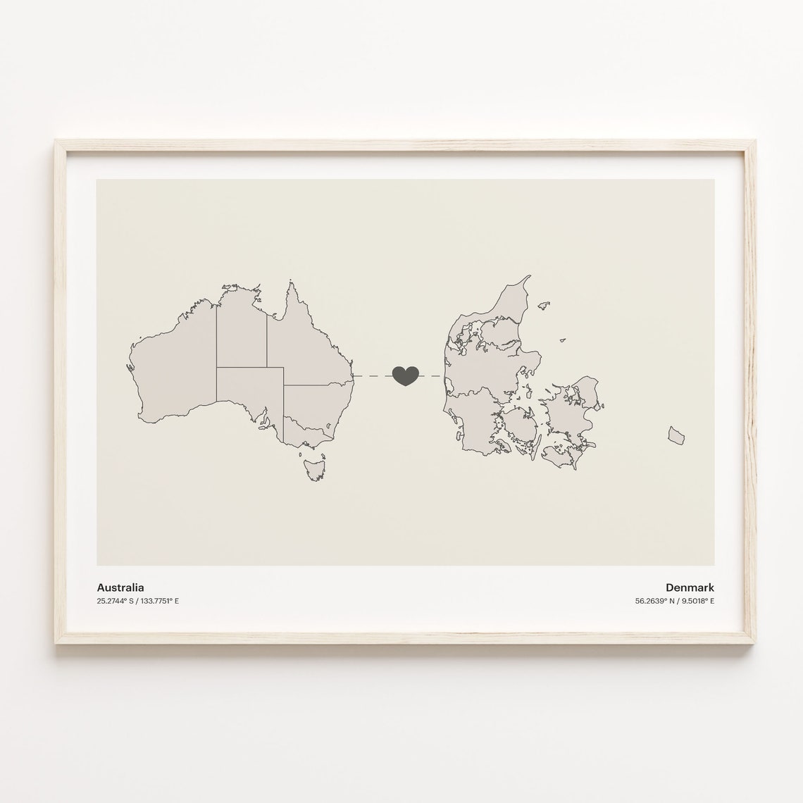 Australia To Denmark Long Distance Heart Map Couple Gift Poster