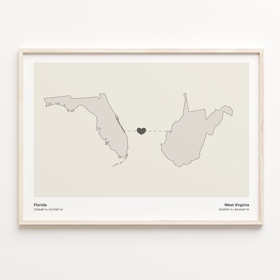 Florida West Virginia Beige Minimalist Heart Connection Map Poster
