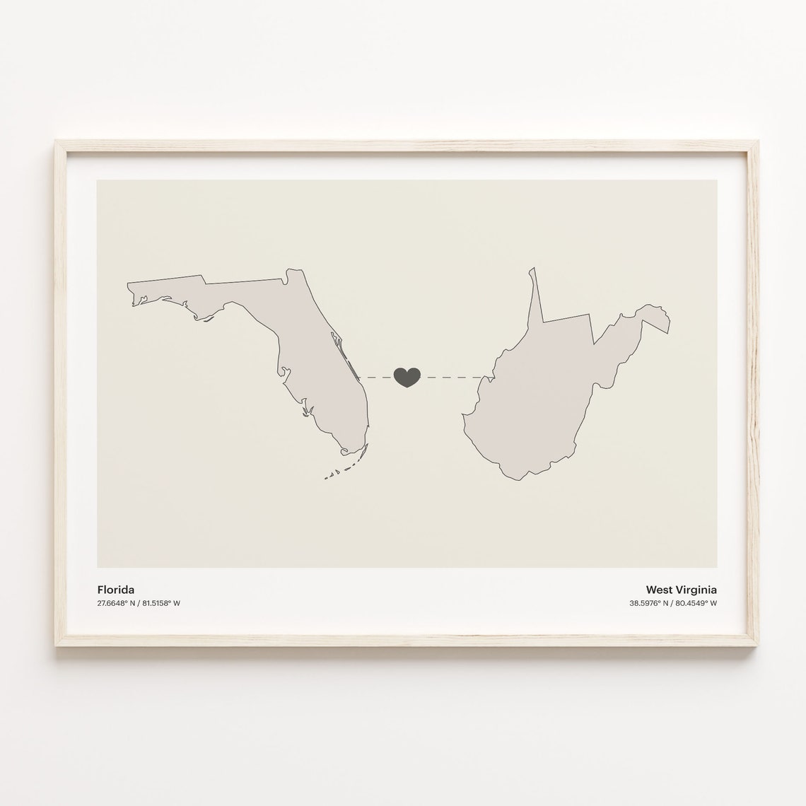 Florida West Virginia Beige Minimalist Heart Connection Map Poster