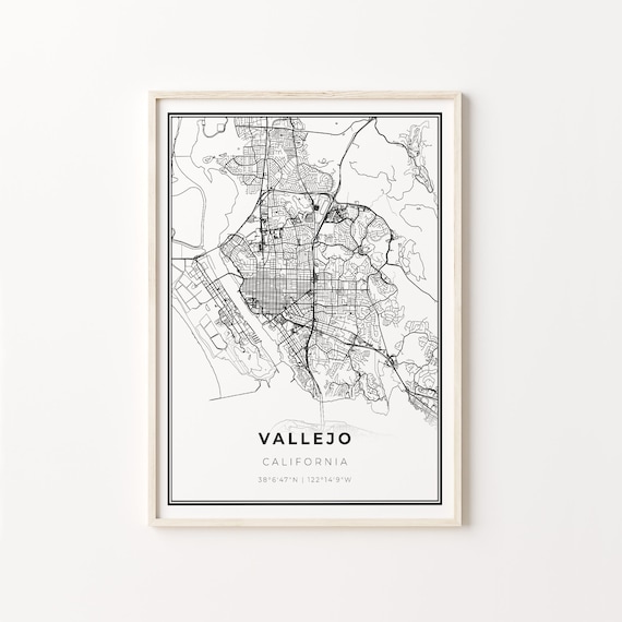 Vallejo California City Map Black White Street Line Art Minimalist Poster