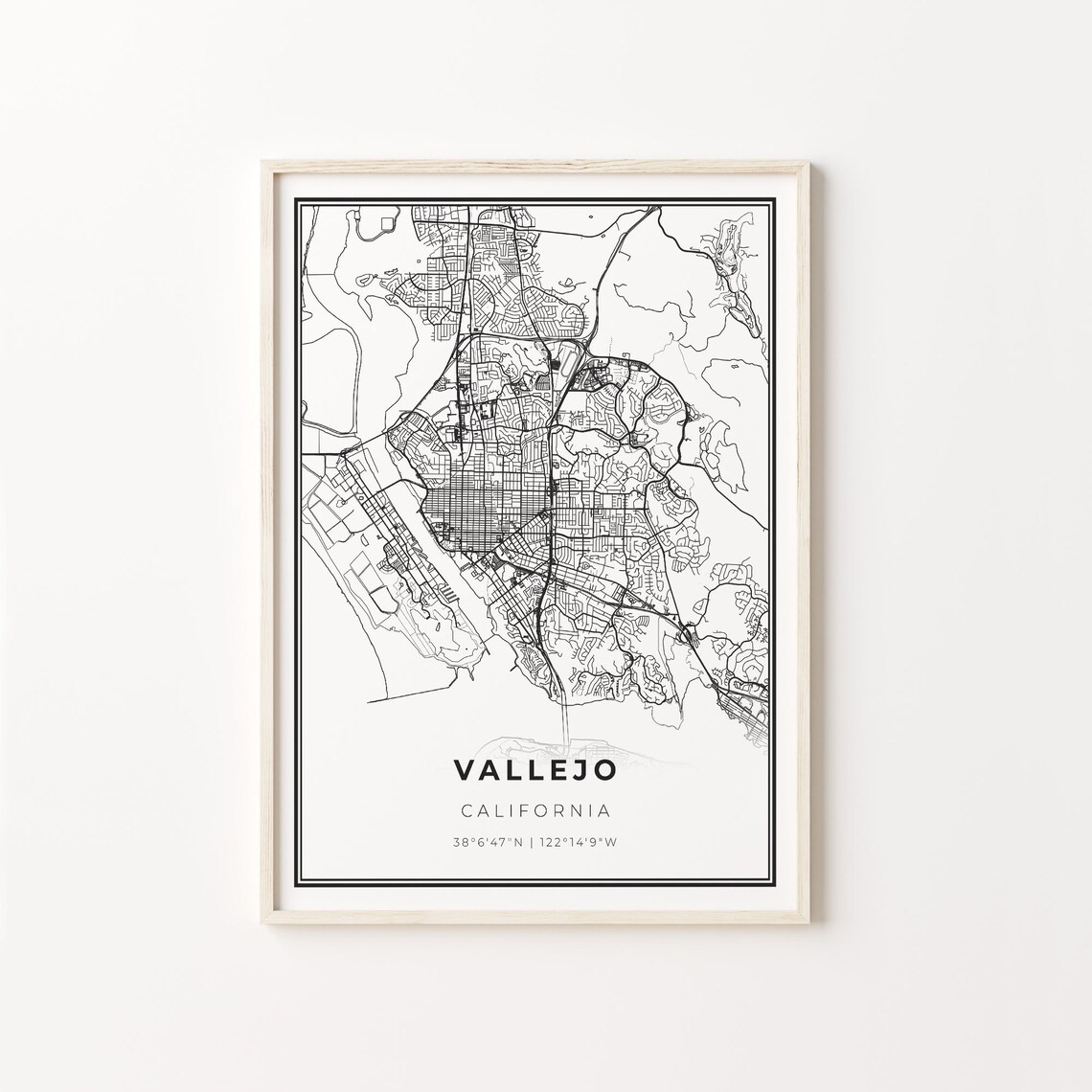 Vallejo California City Map Black White Street Line Art Minimalist Poster