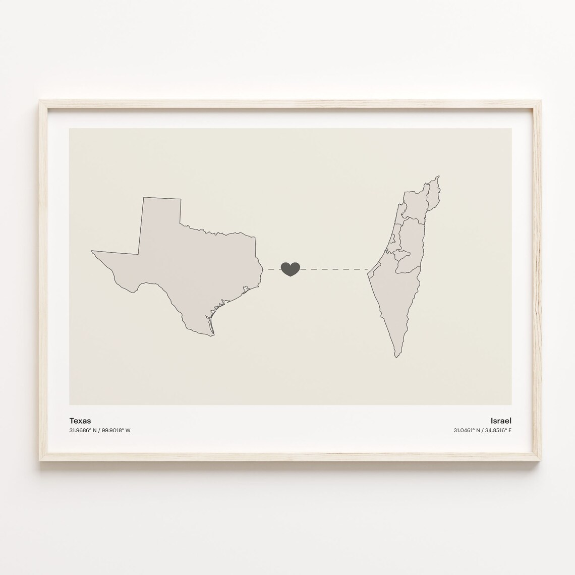Texas To Israel Travel Poster, Minimalist Connection Map