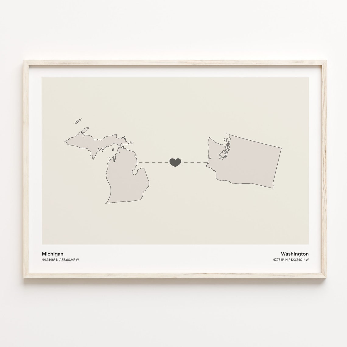 Michigan To Washington Minimalist Heart Map Connection Print