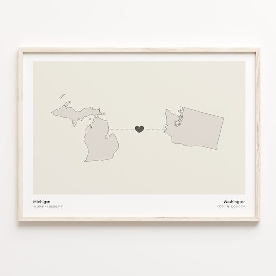 Michigan To Washington Minimalist Heart Map Connection Print
