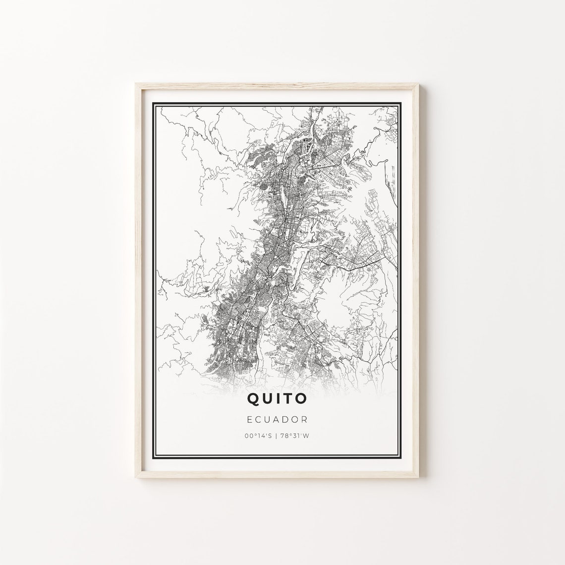 Quito Ecuador Black and White Street Map Minimalist Decor Poster