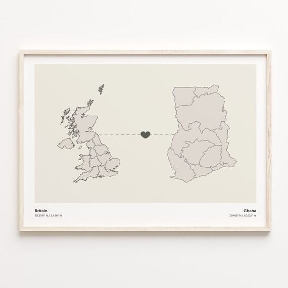 Britain To Ghana Minimal Heart Country Connection Map Poster