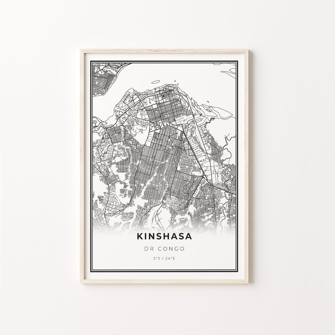 Kinshasa DR Congo Minimalist Black and White City Map Art Poster