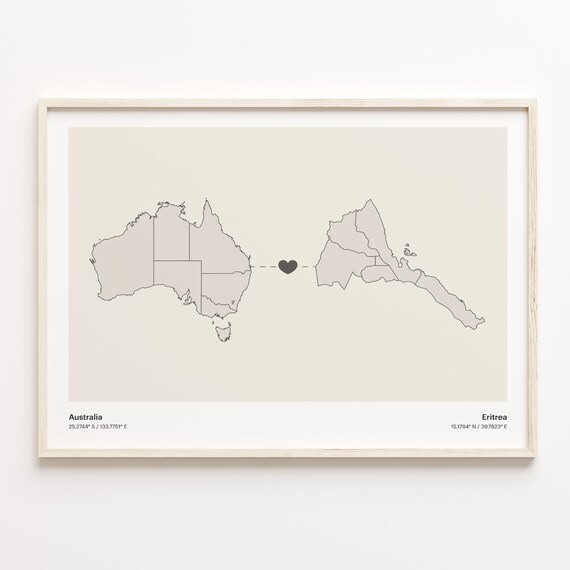 Australia to Eritrea Long Distance Heart Map Connection Poster