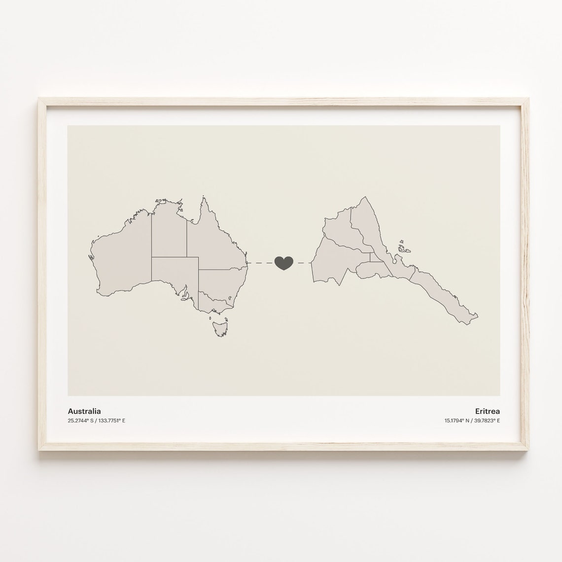 Australia to Eritrea Long Distance Heart Map Connection Poster
